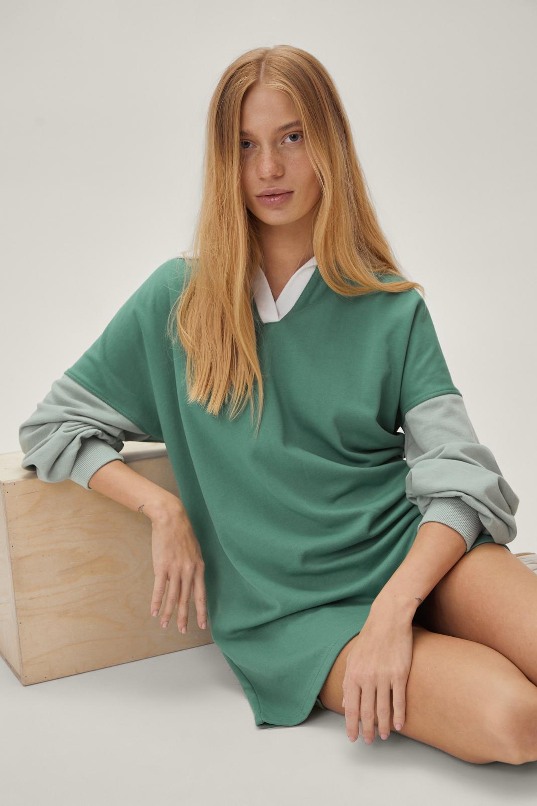 Green Petite Color Block Polo Sweat Dress image number 1