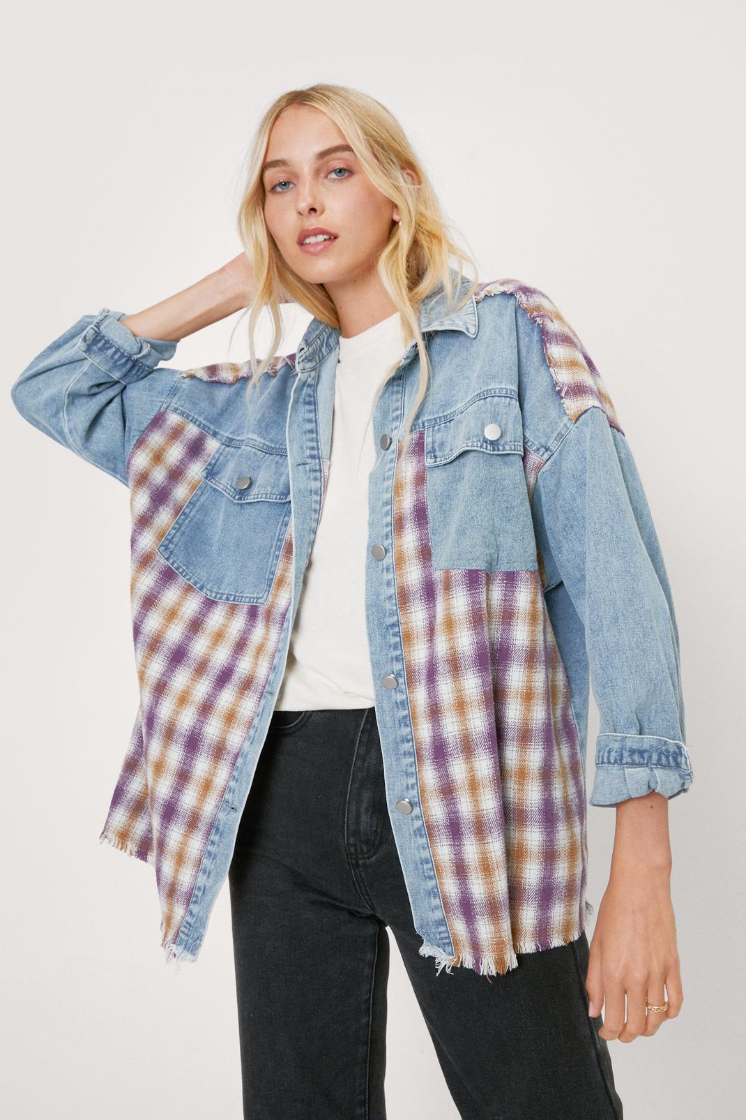 Purple Denim Check Mixed Spliced Oversized Shirt image number 1