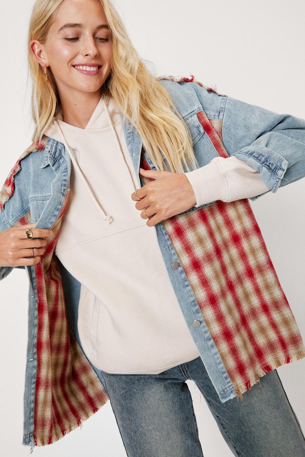 Red Denim Check Mixed Spliced Oversized Shirt image number 1