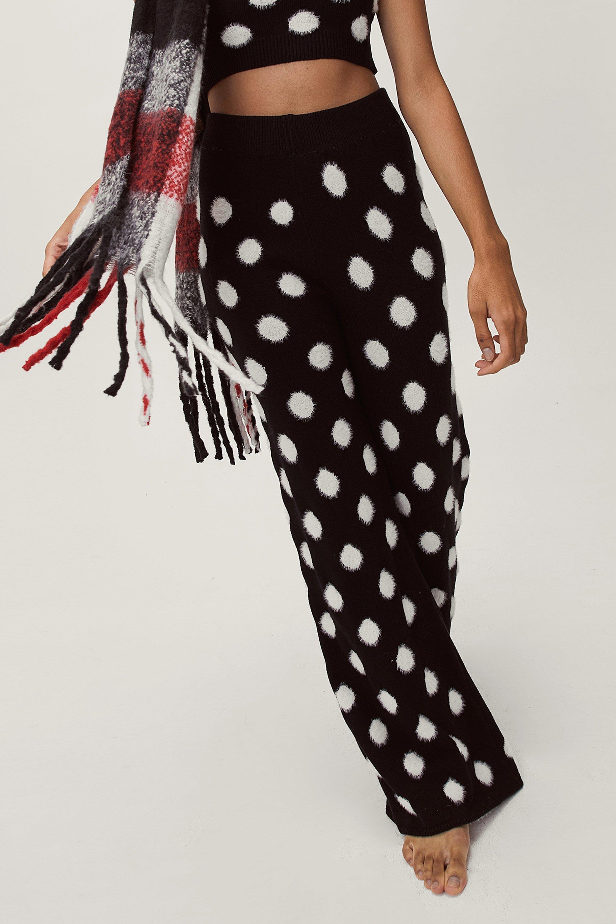 Fluffy Knitted Spot Print Wide Leg Trousers