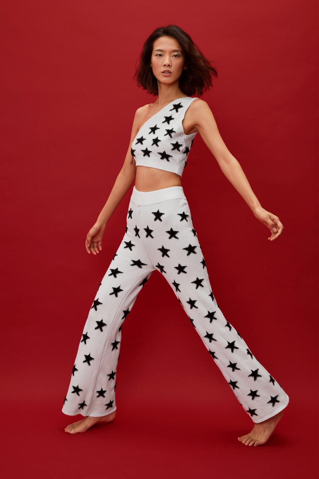 173 Star Fluffy Knitted Crop Top and Wide Leg Trousers Lounge Set image number 1