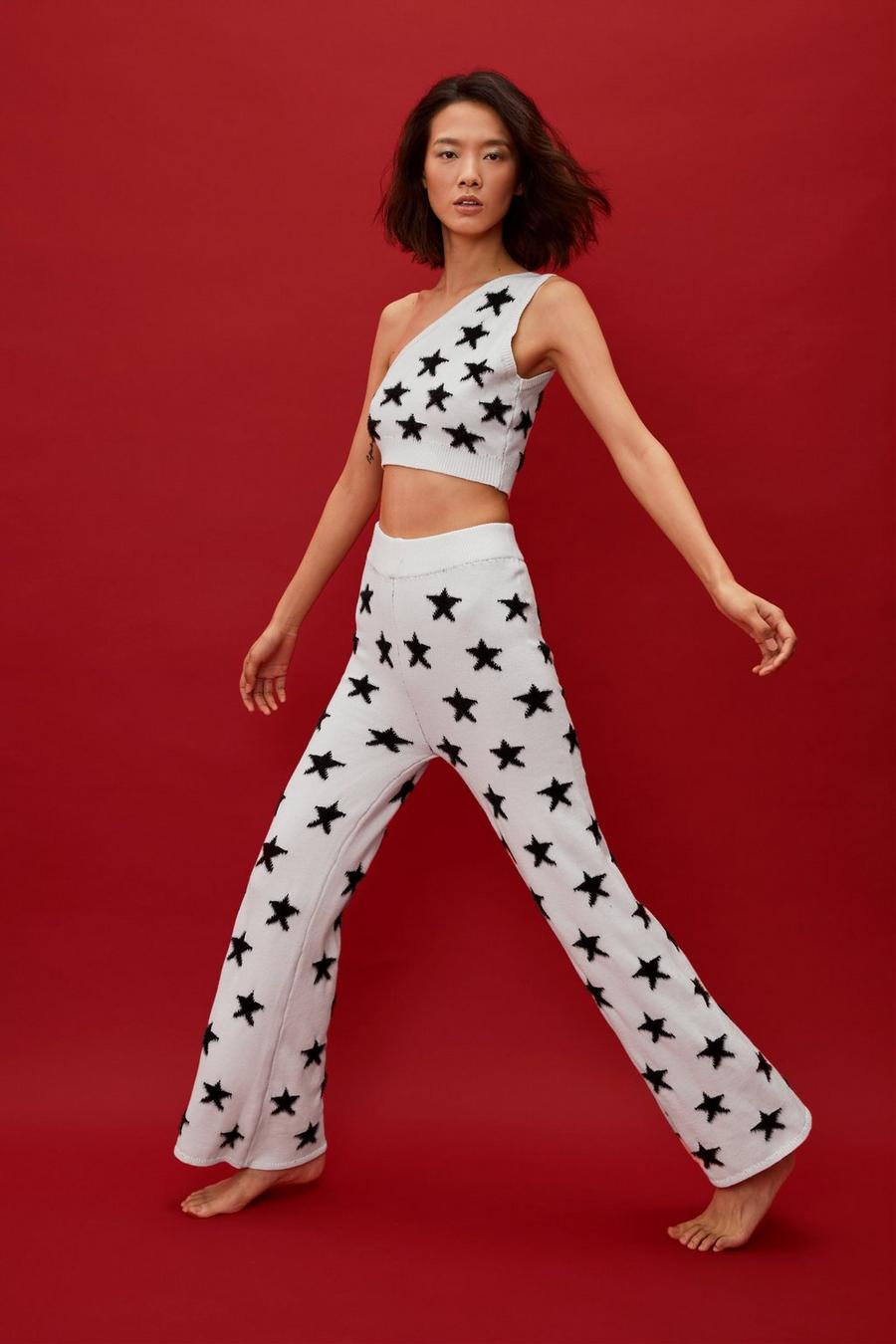 Star Fluffy Knitted Crop Top and Wide Leg Trousers Lounge Set