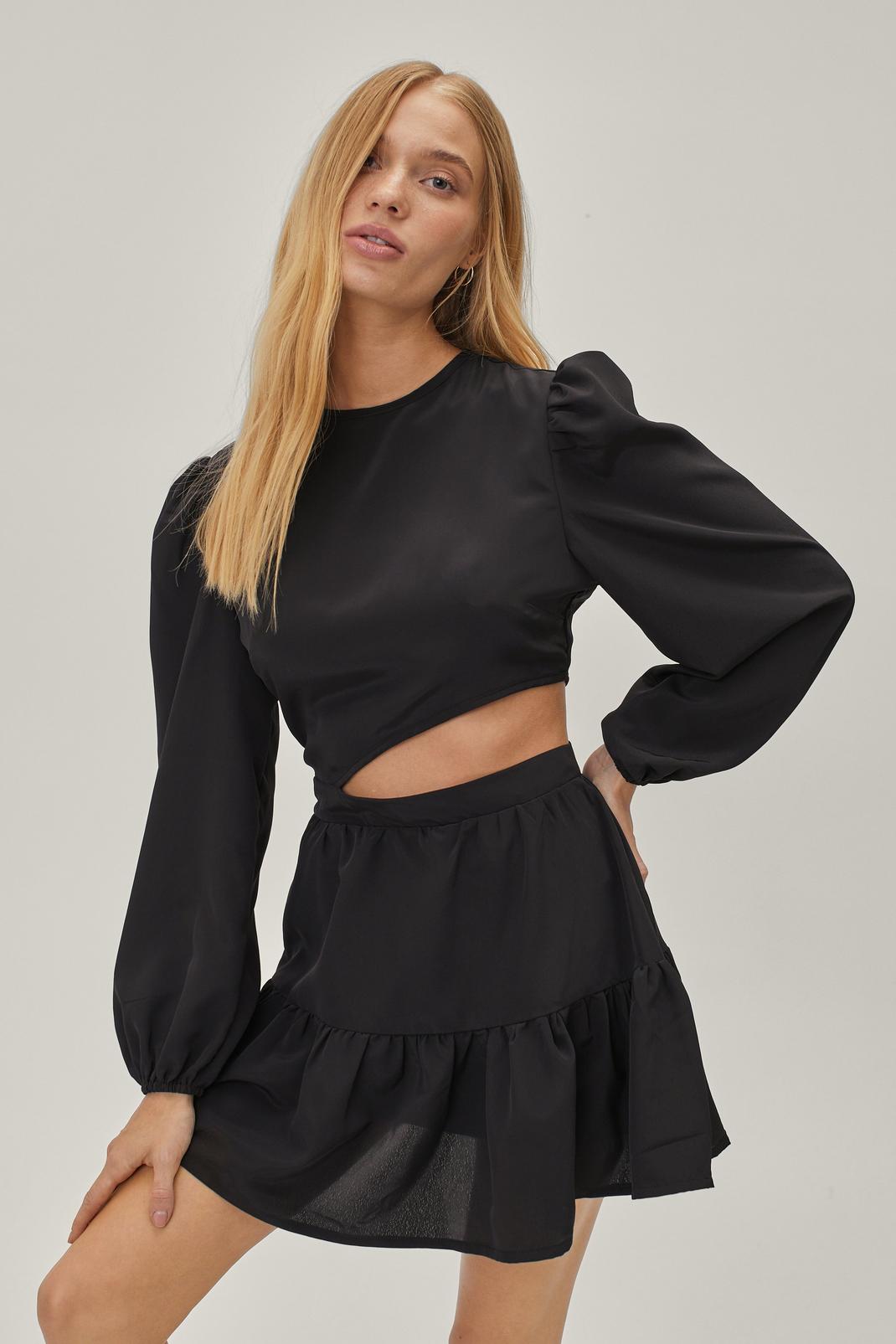 Black Petite Cut Out Blouson Sleeve Mini Dress  image number 1