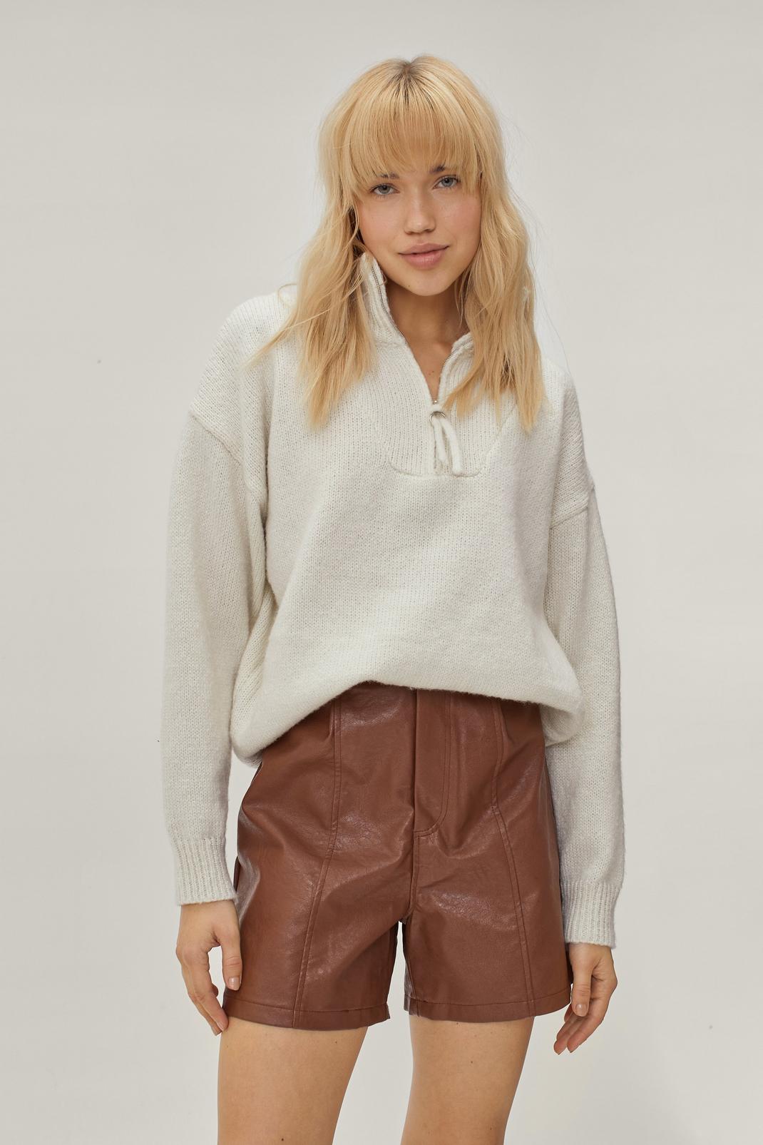 Chocolate Faux Leather Seam Detail Relaxed Shorts image number 1
