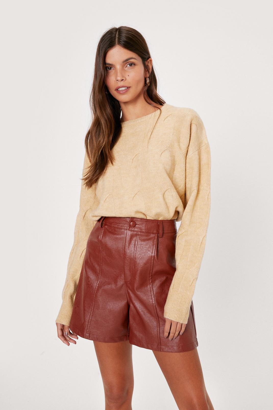 Rust Faux Leather Seam Detail Relaxed Shorts image number 1