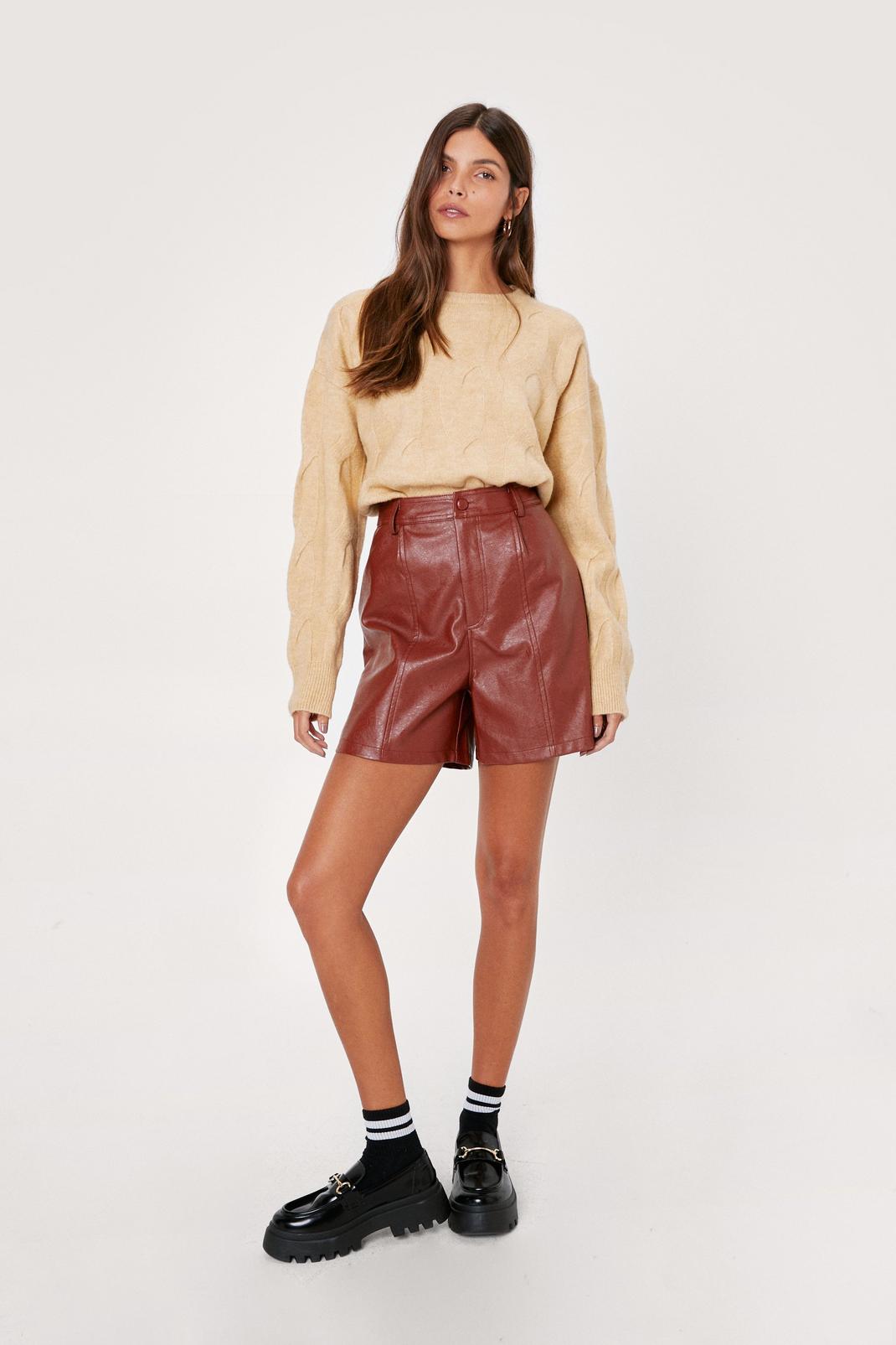 208 Faux Leather Seam Detail Relaxed Shorts image number 2