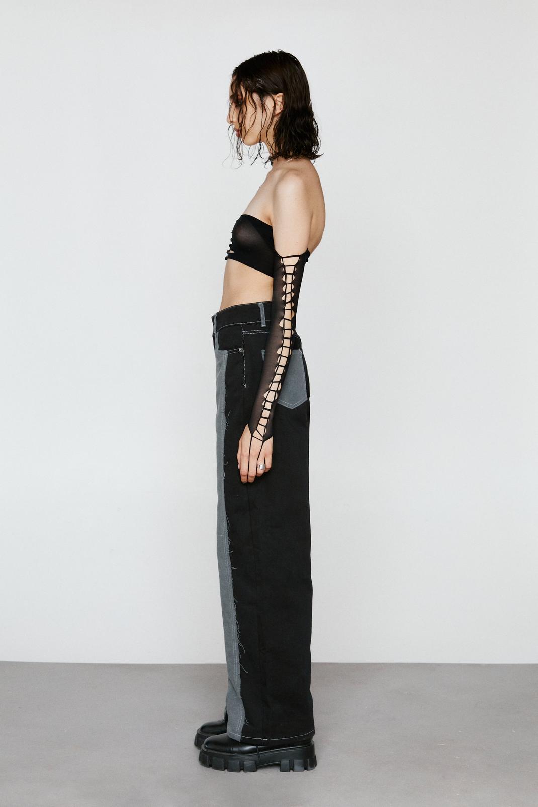Washed black Colourblock Frayed Seam Wide Leg Jeans image number 1