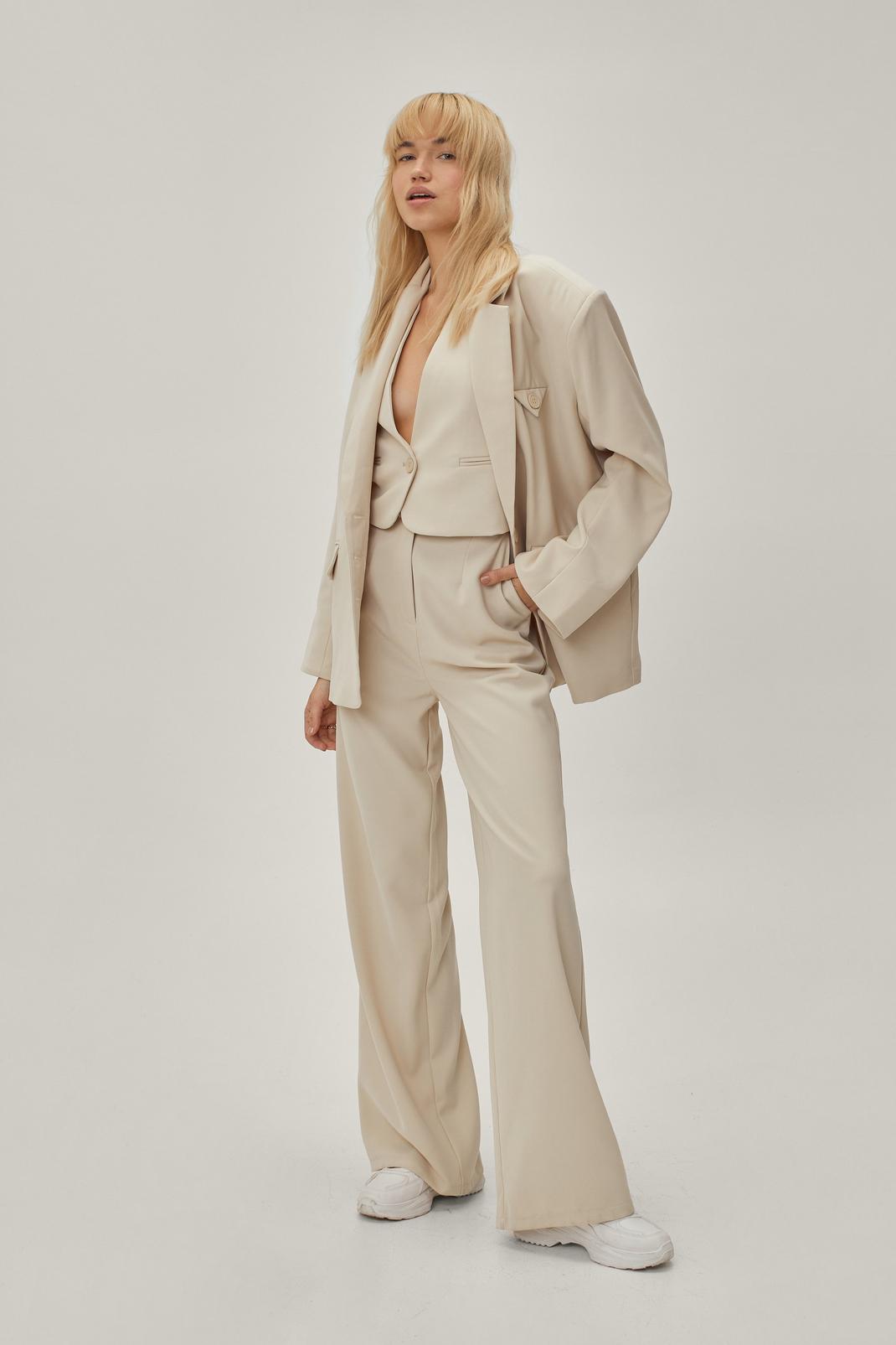 Premium - Pantalon de costume large à détails pincés et poches, Soft beige image number 1