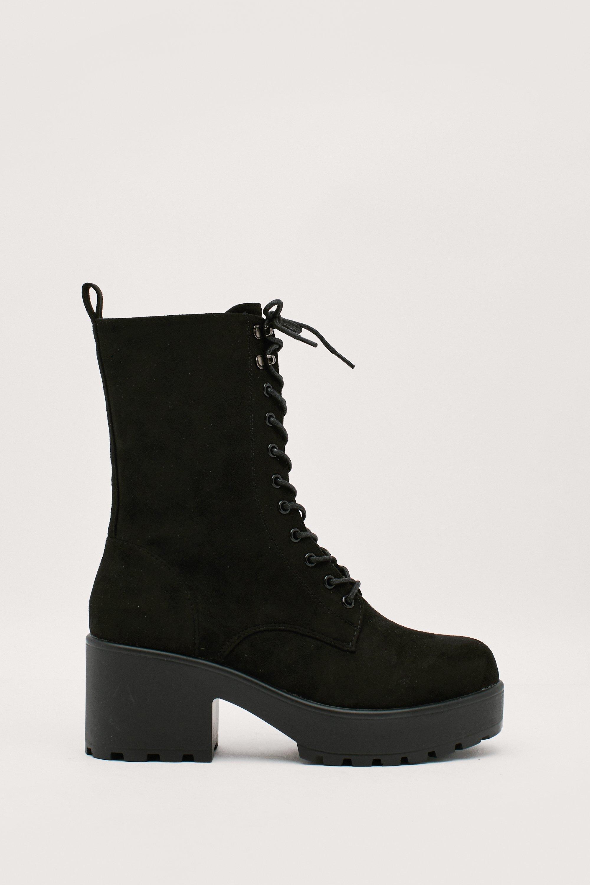 black suedette lace up chunky biker boots