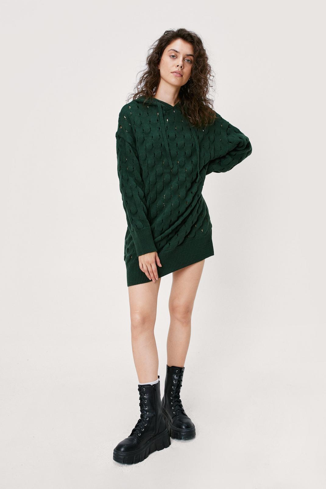 Bottle green Knitted Hooded Sweater Mini Dress image number 1