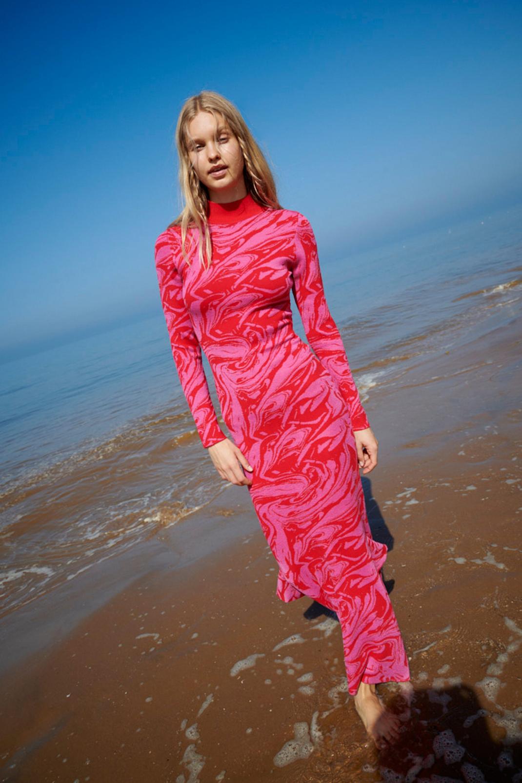 Marble High Neck Maxi Knitted Dress, Hot pink image number 1