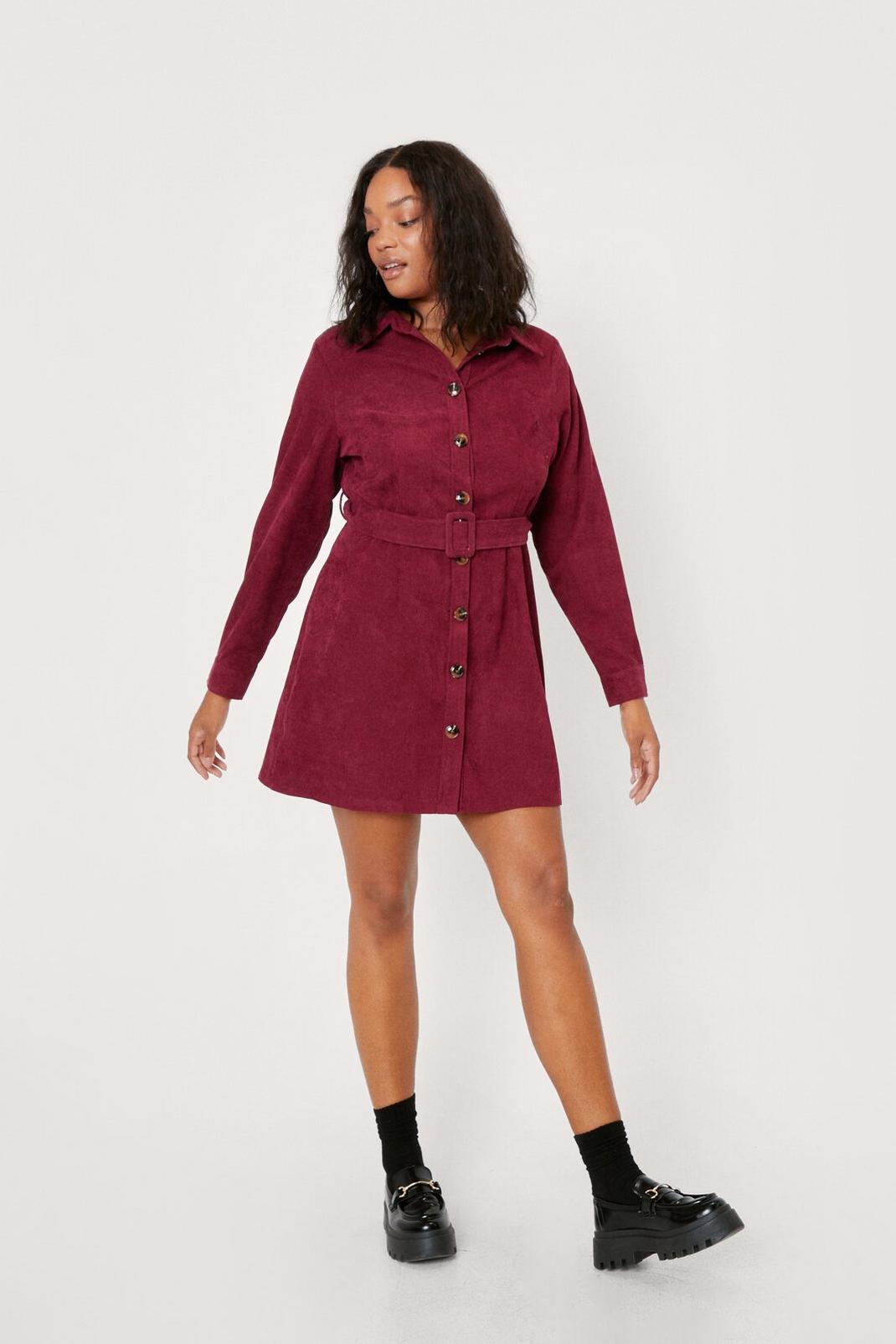 Burgundy Plus Size Belted Cord Shirt Dress image number 1