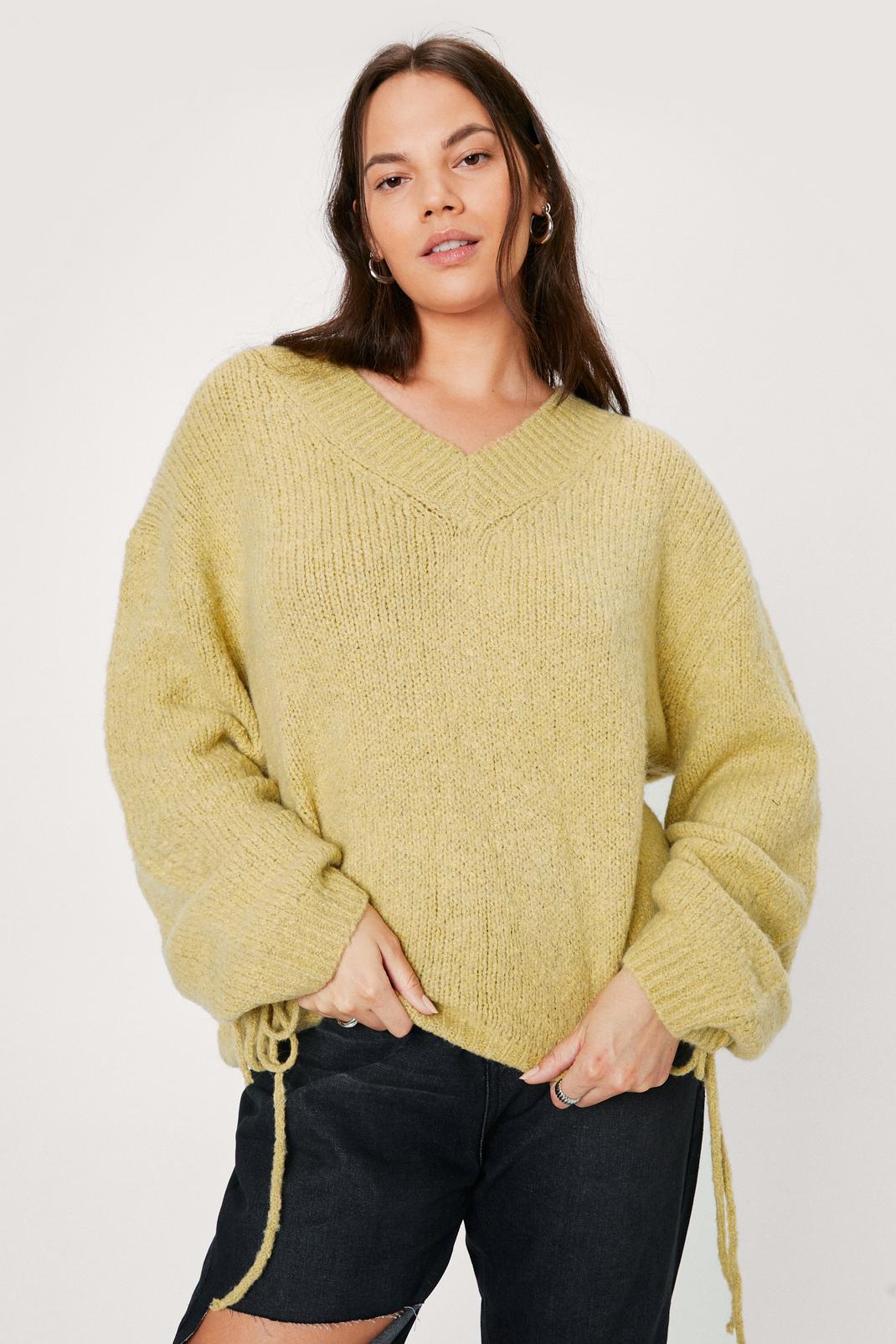 Plus Size Ruched Sleeve V Neck Sweater image number 1