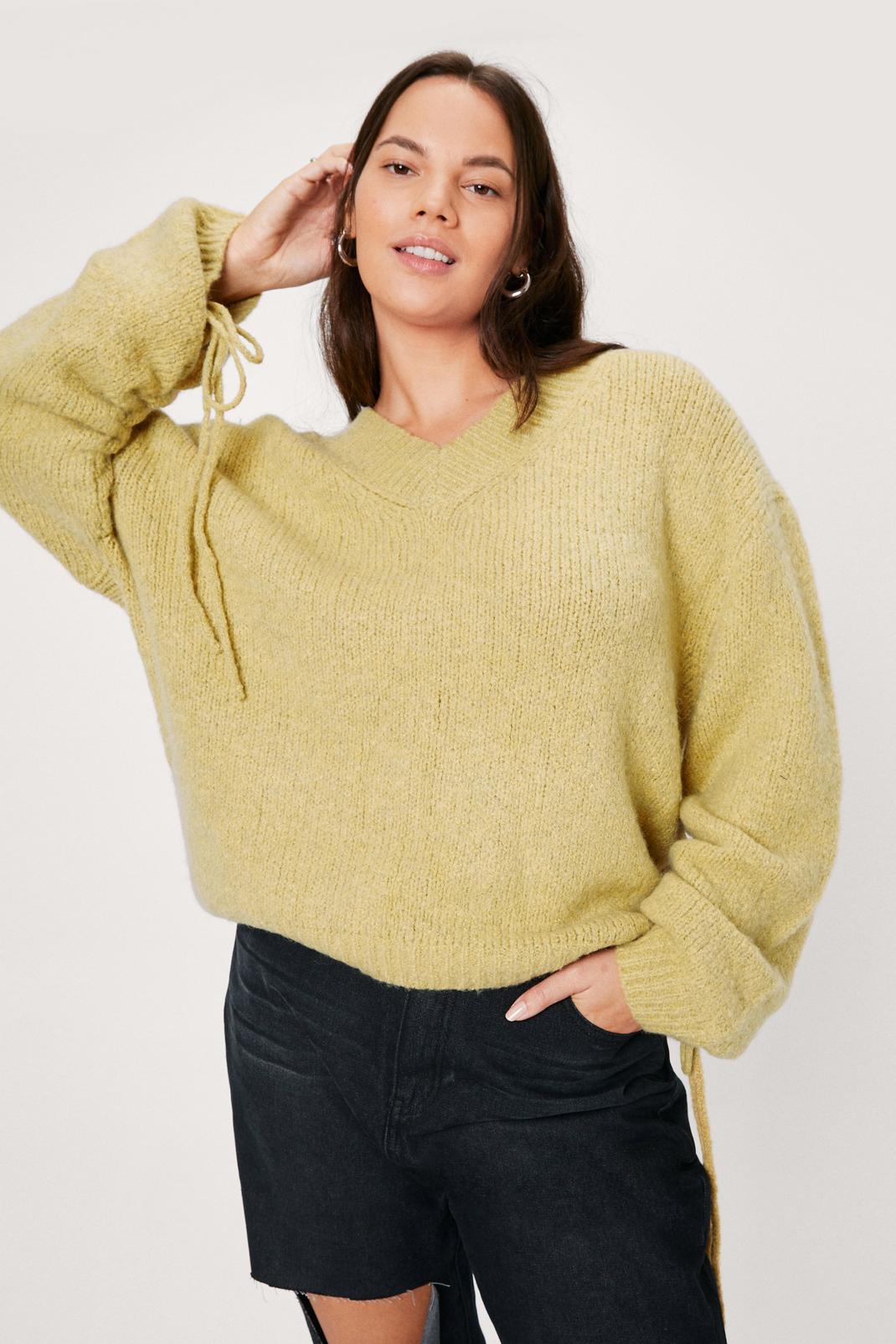 166 Plus Size Ruched Sleeve V Neck Sweater image number 2