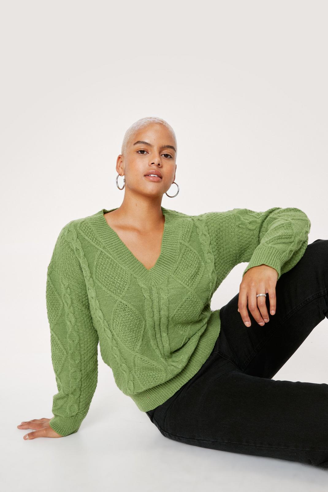 Green Plus Size V Neck Cable Knit Sweater  image number 1
