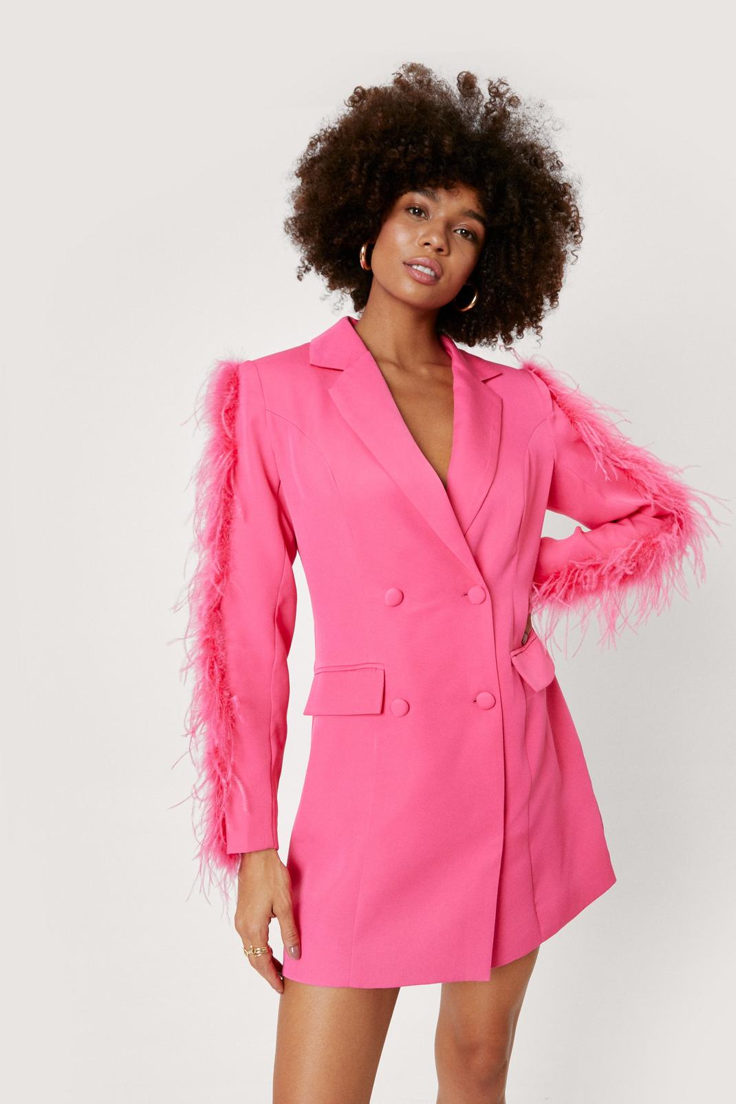 Robe blazer double boutonnage avec plumes sur les manches, Hot pink image number 1
