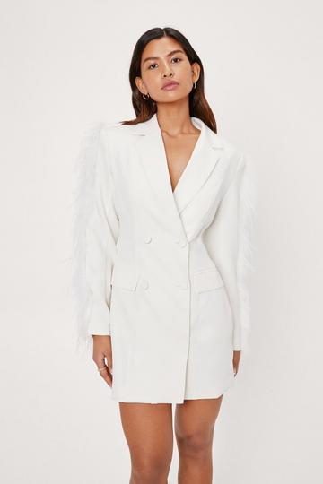 Feather Sleeve Double Breasted Blazer Dress off white