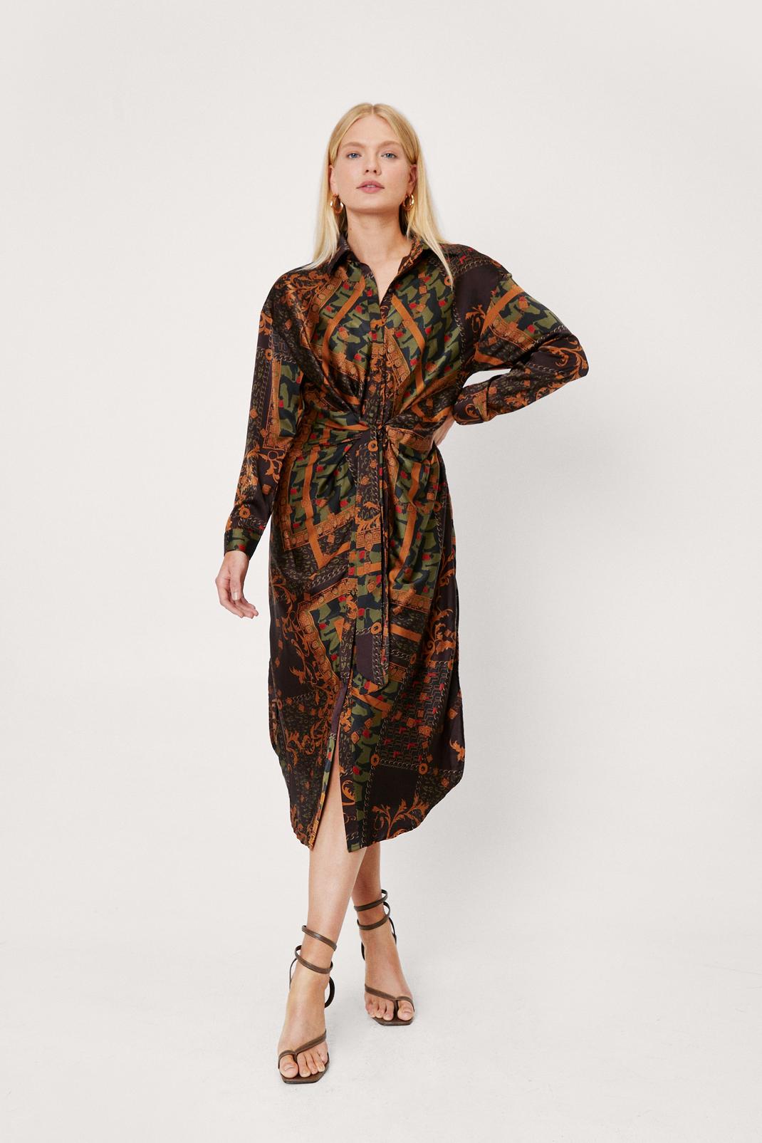 Brown Scarf Print Tie Front Midi Shirt Dress image number 1