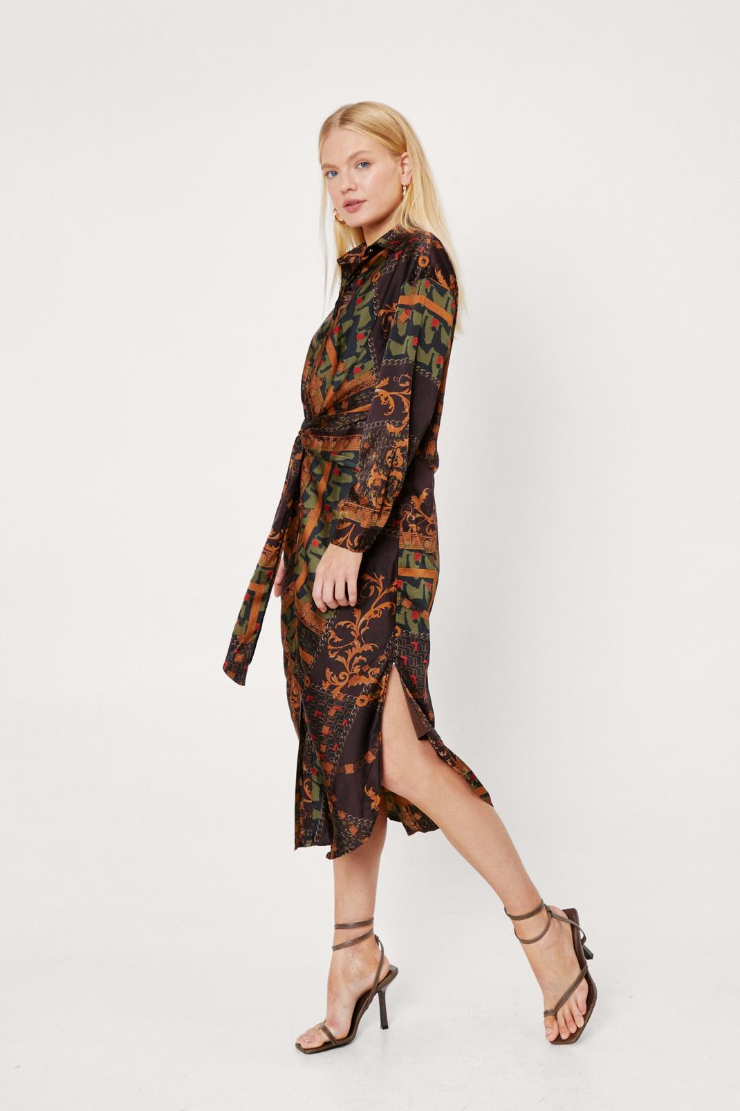 109 Scarf Print Tie Front Midi Shirt Dress image number 2