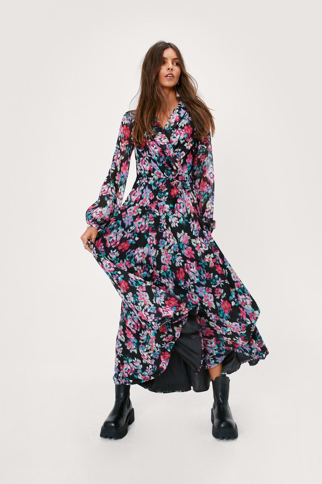 Black Blurred Floral Print Wrap Maxi Dress image number 1