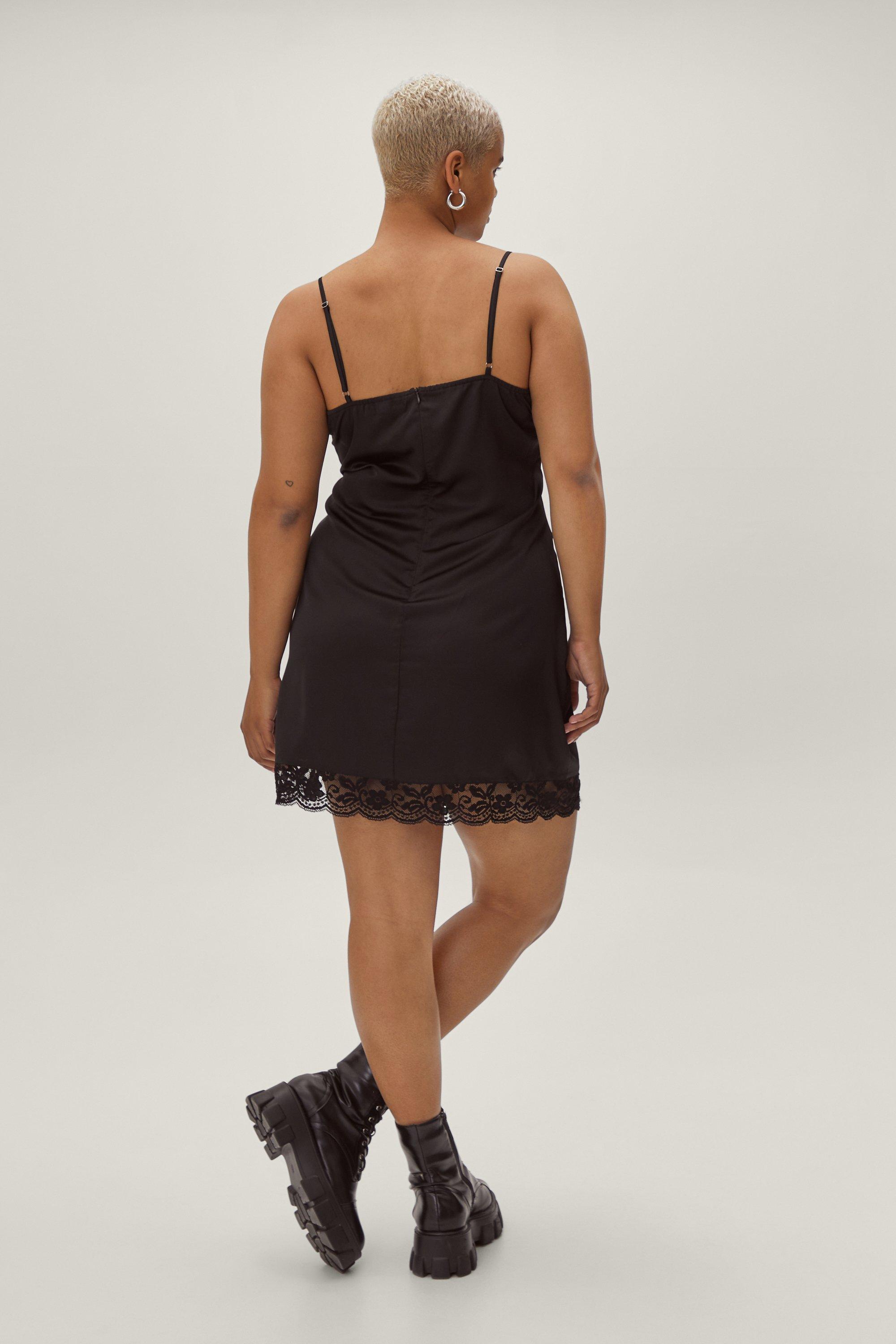 Black Lace Trim Satin Mini Dress