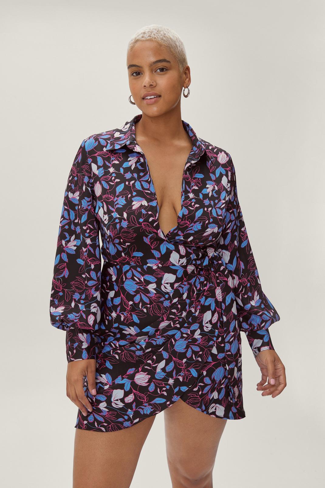 Grande Taille - Robe chemise portefeuille à imprimé fleuri, Black image number 1