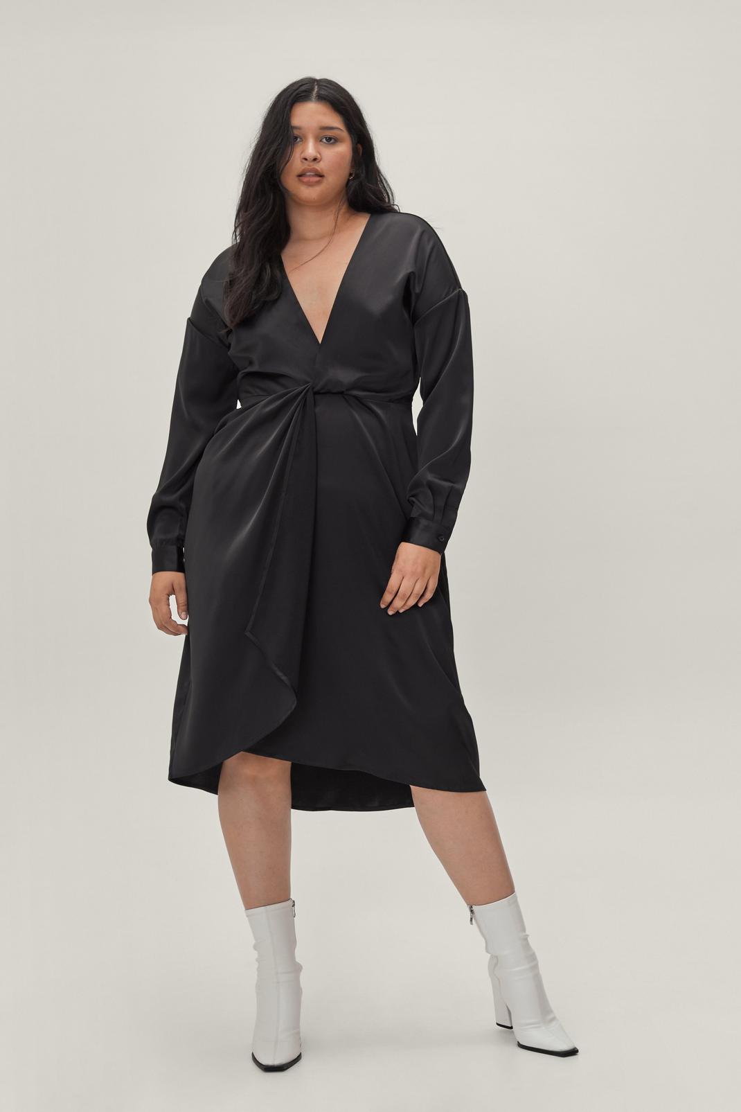 Black Plus Size Twist Front V Neck Midi Dress image number 1