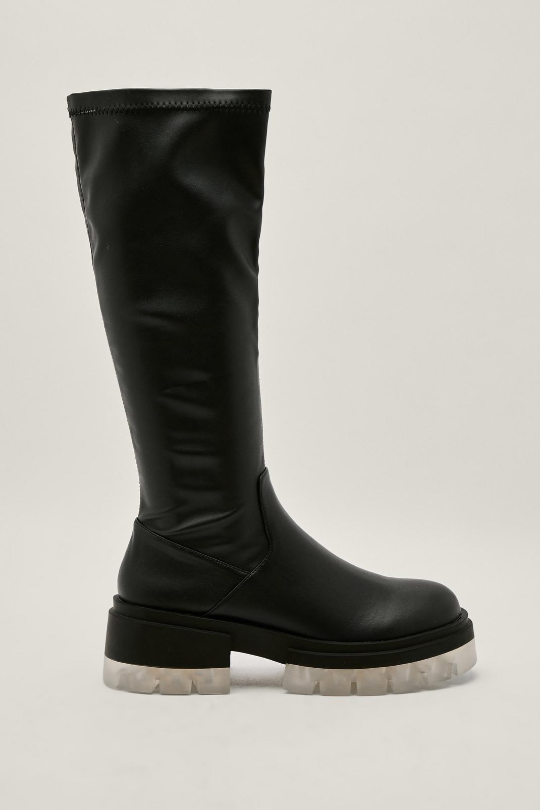 Black Ice Sole Knee High Faux Leather Boots image number 1