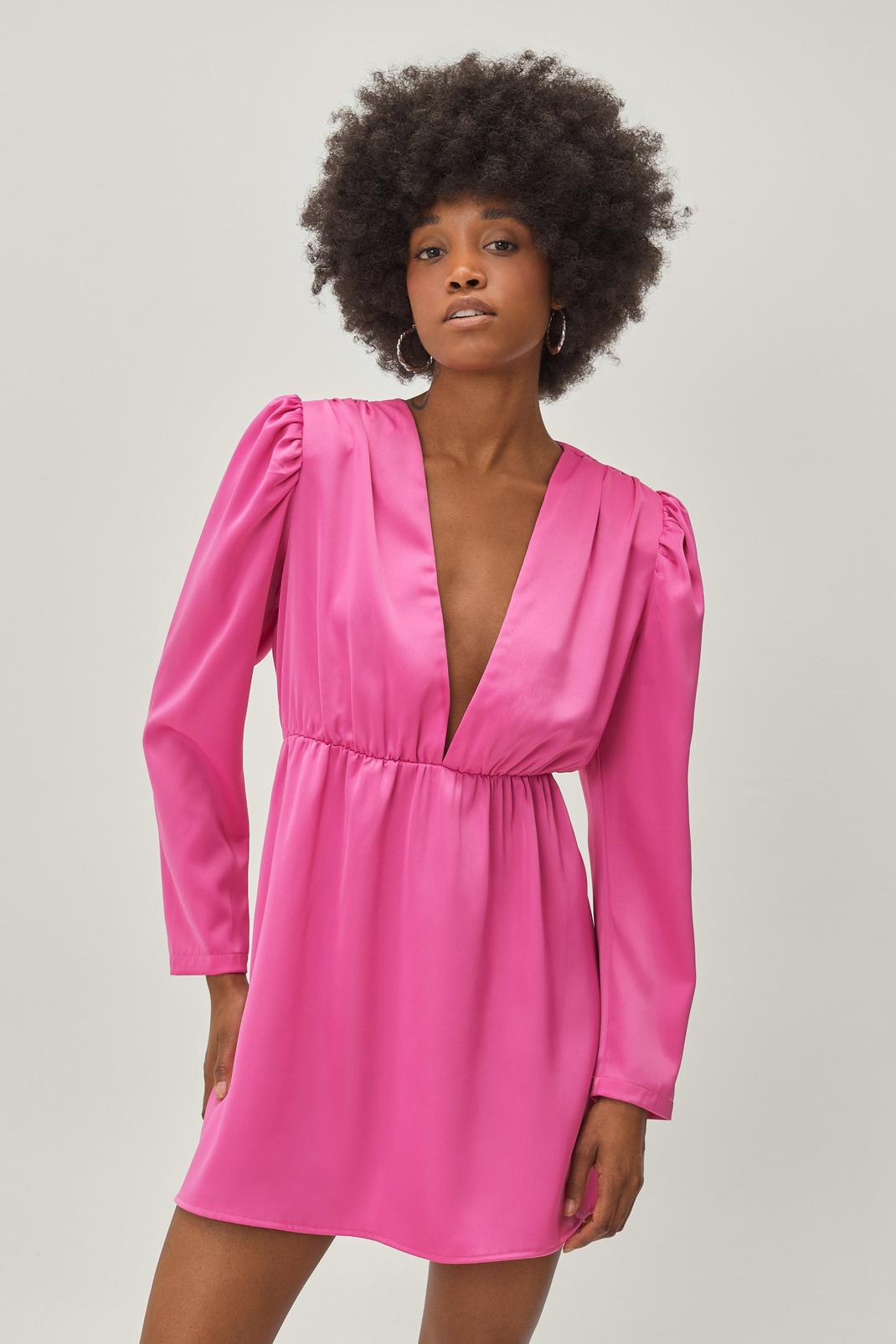 Hot pink Petite Recycled Satin Plunge Mini Dress image number 1
