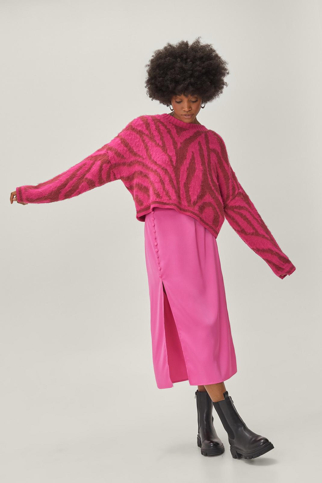 Hot pink Petite Satin Button Side Midi Skirt image number 1
