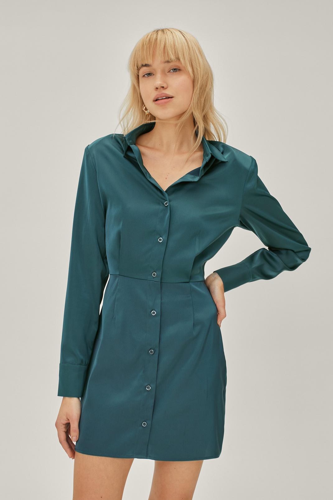 Dark green Satin Statement Shoulder Mini Shirt Dress image number 1