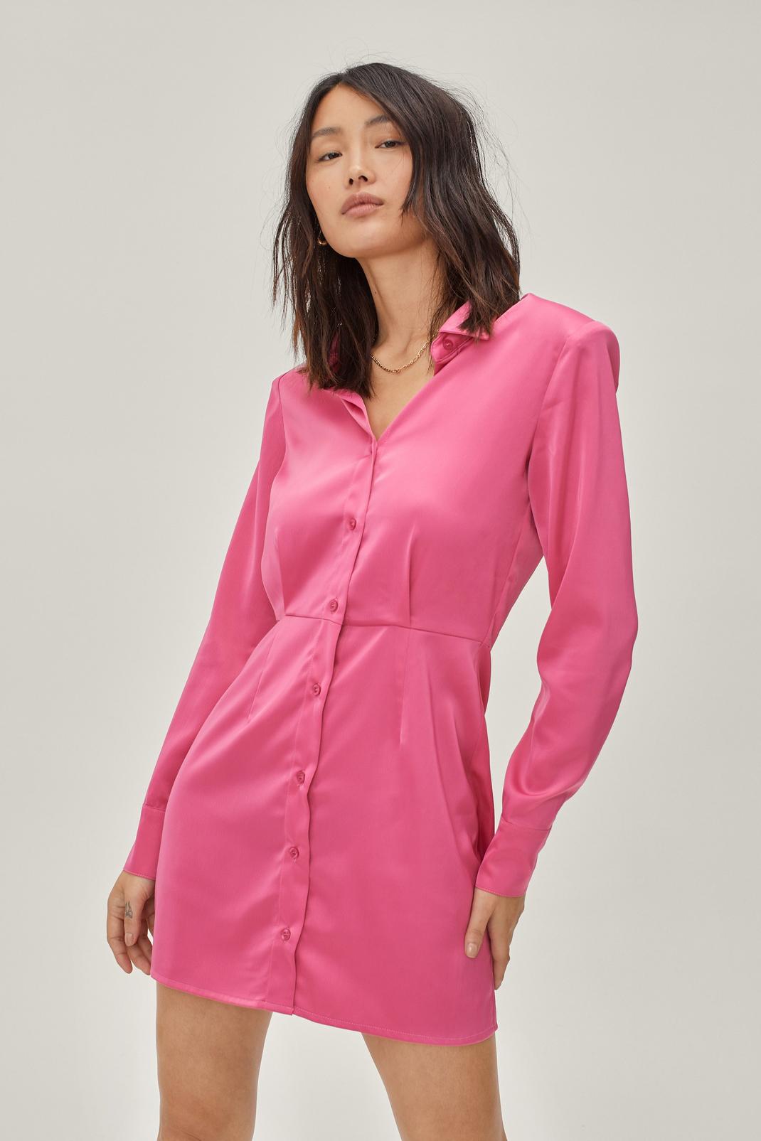 Hot pink Satin Statement Shoulder Mini Shirt Dress image number 1