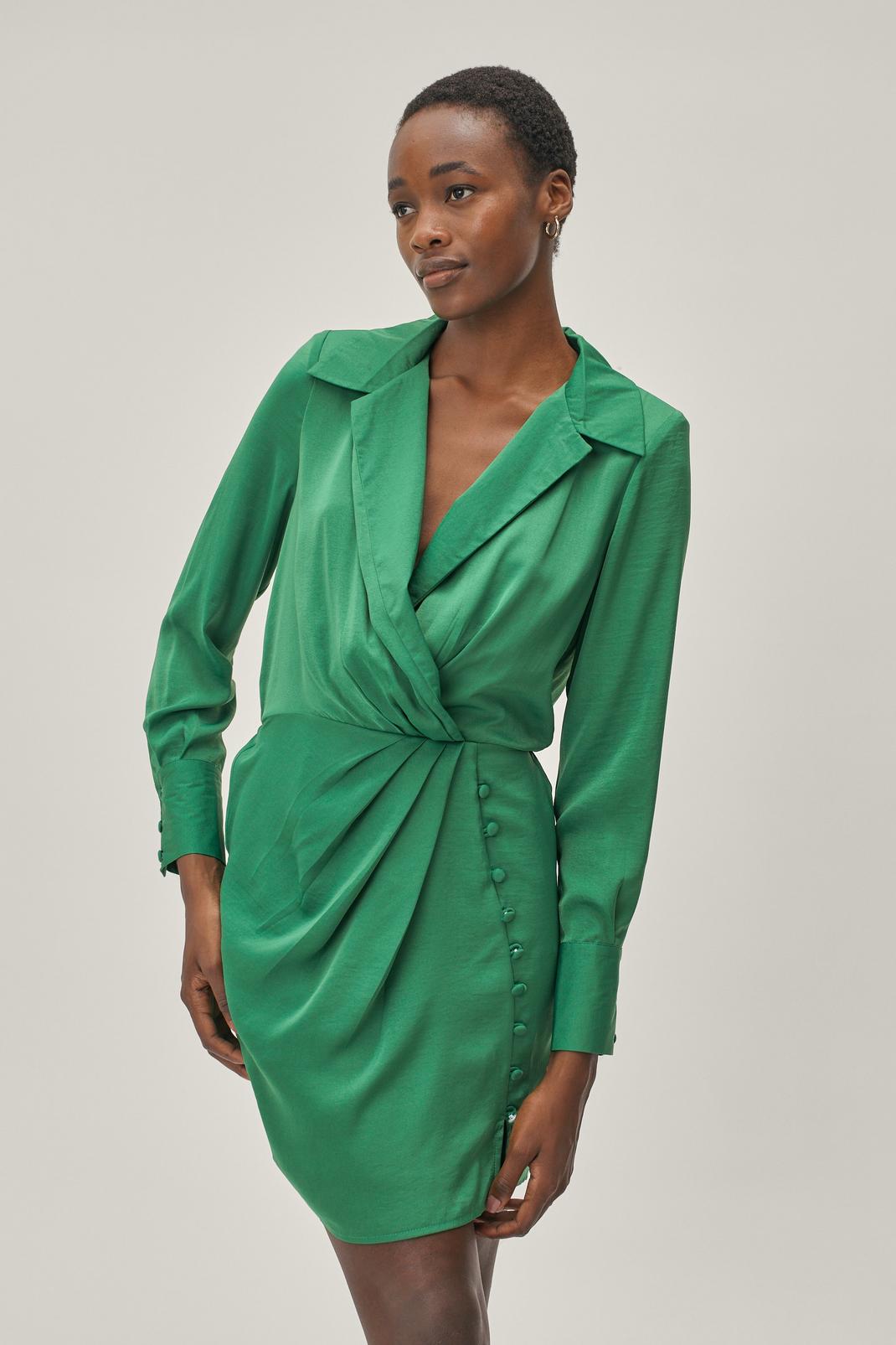 Green Button Front Draped Neckline Mini Shirt Dress image number 1