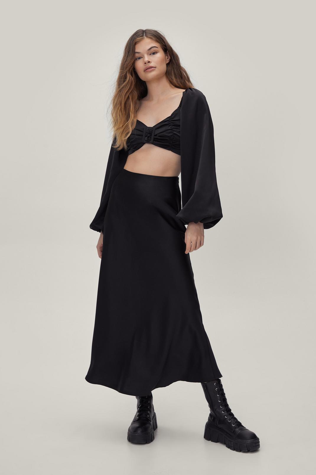 Black Fluted Bias Satin Coord Midi Skirt image number 1