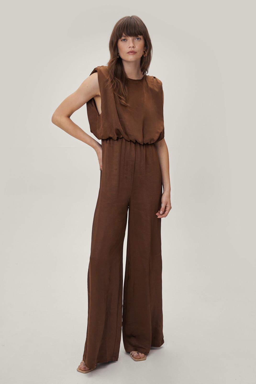 Chocolate Recycled Shoulder Pad Satin Jumpsuit image number 1