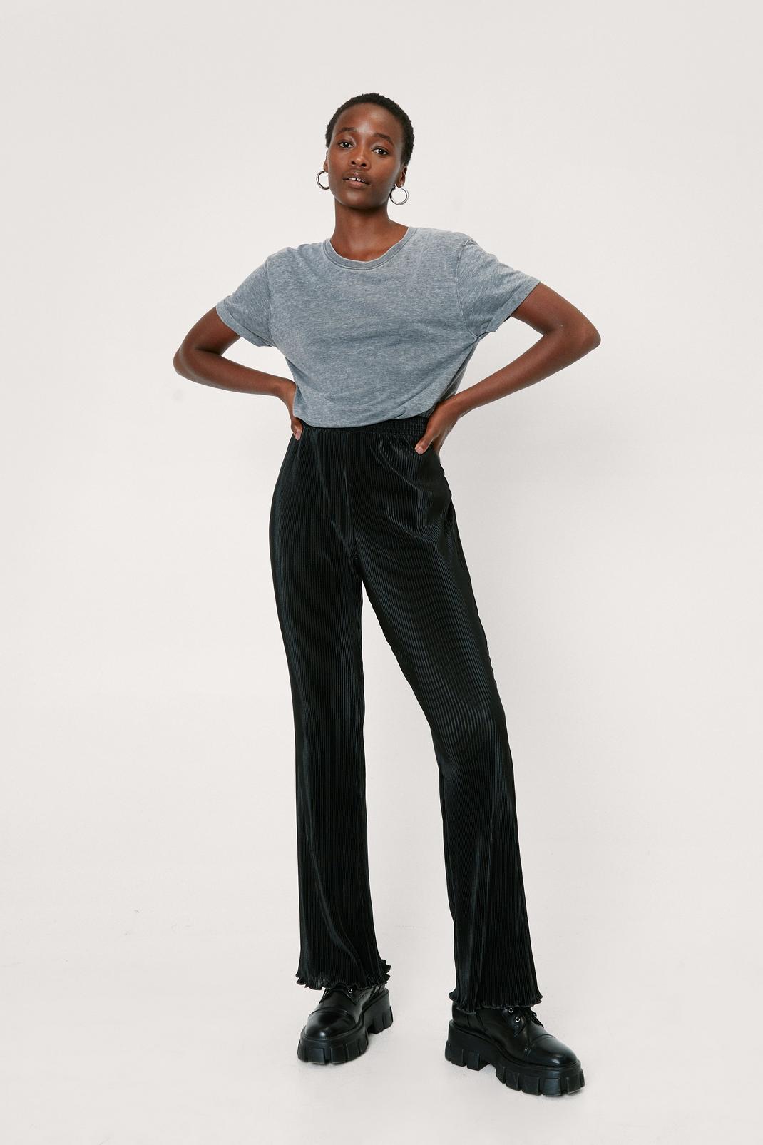 Black Plisse Metallic Fit and Flare Trousers image number 1