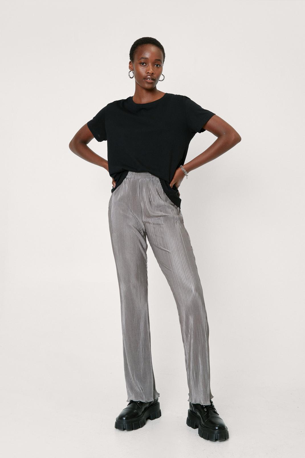 Charcoal Plisse Metallic Fit and Flare Trousers image number 1