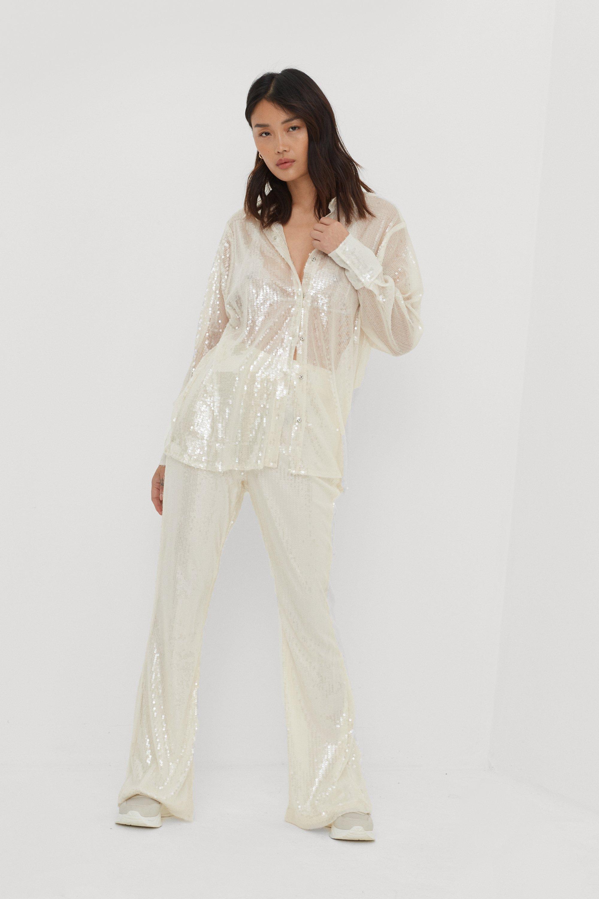 Sequin Detail High Waisted Flared Trousers