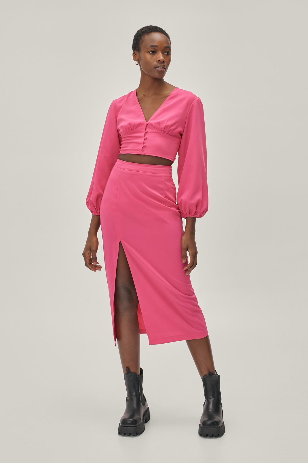 Bright pink Split Hem High Waisted Midi Skirt image number 1