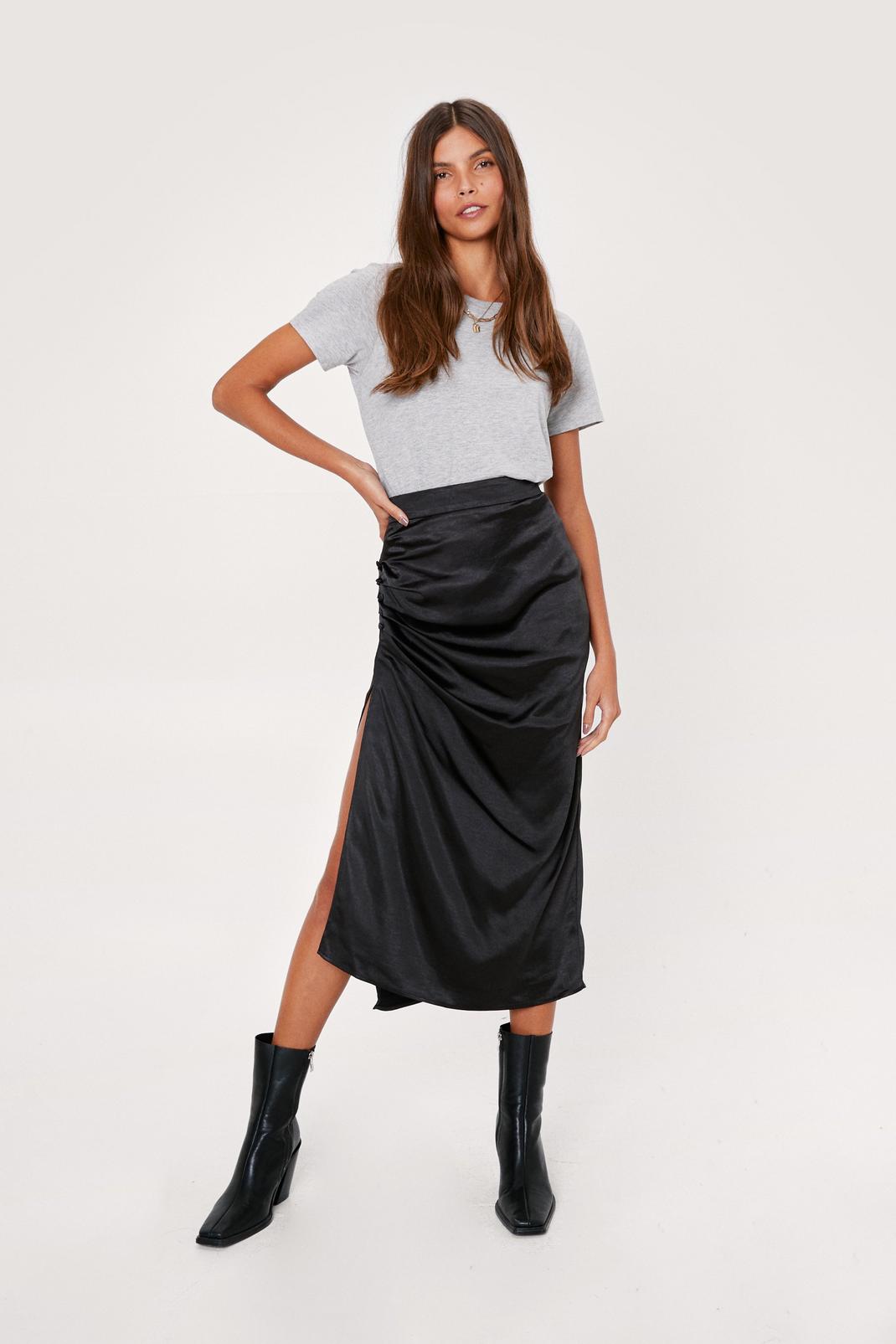 Black Ruched Button Detail Satin Midi Skirt image number 1