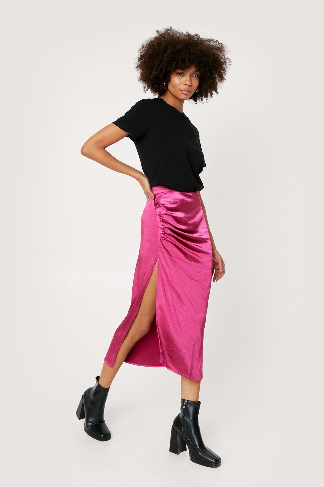 797 Ruched Button Detail Satin Midi Skirt image number 1