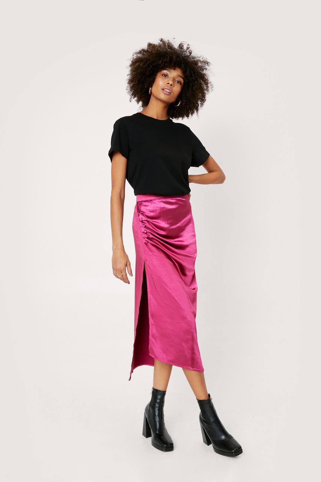 797 Ruched Button Detail Satin Midi Skirt image number 2