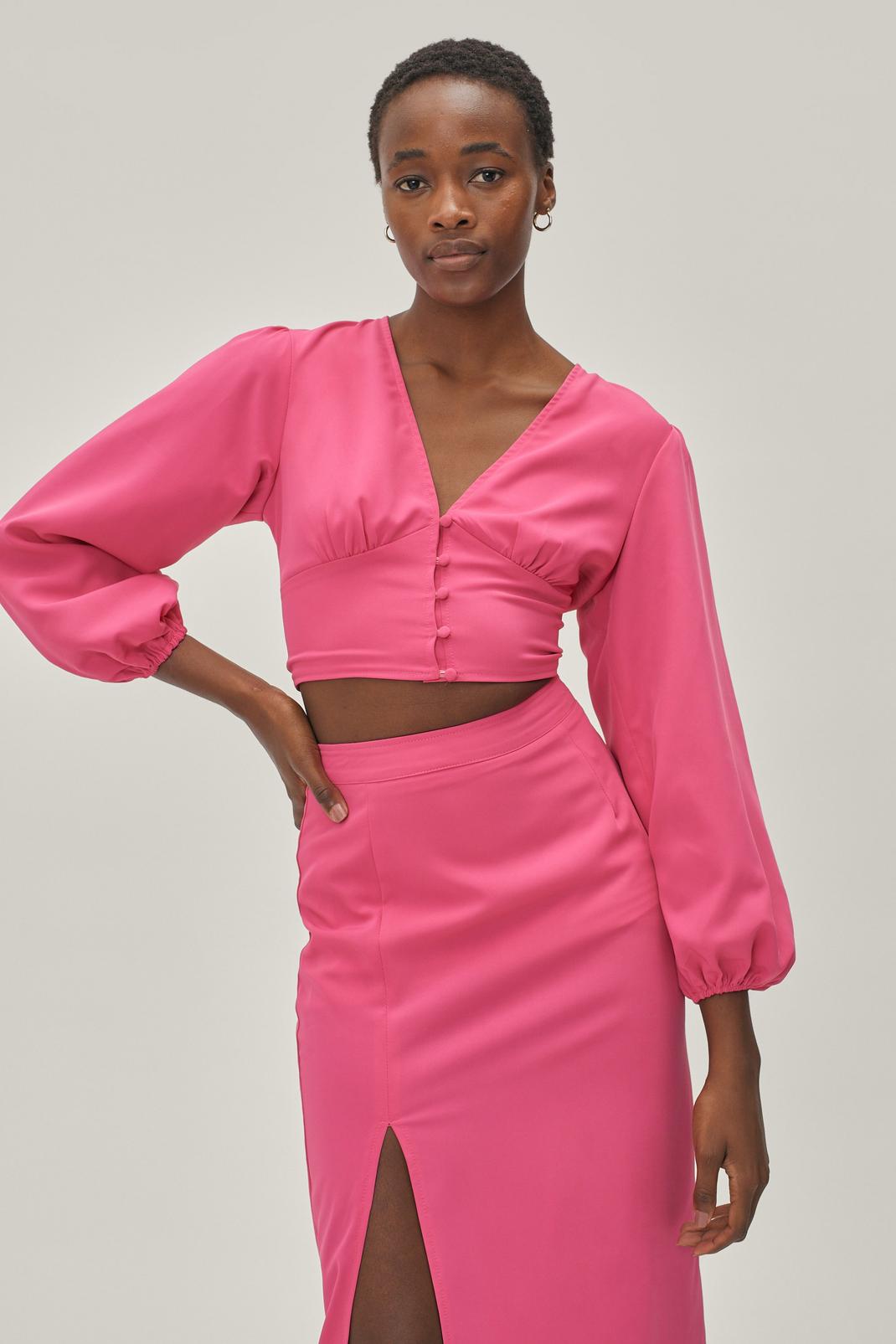 Bright pink Balloon Long Sleeve V Neck Blouse Top image number 1
