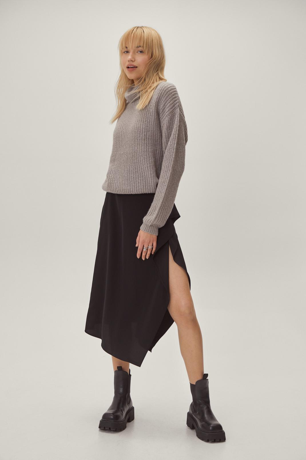 Black Ruffled Detail Twill Midi Skirt image number 1