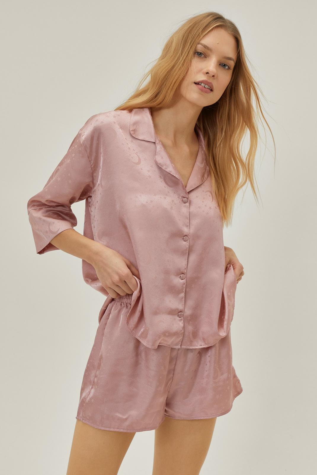 Pyjama satiné chemise & short à imprimé étoiles, Mauve image number 1