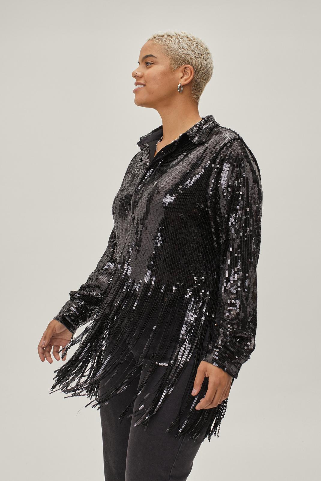 Black Plus Size Sequin Fringe Shirt image number 1