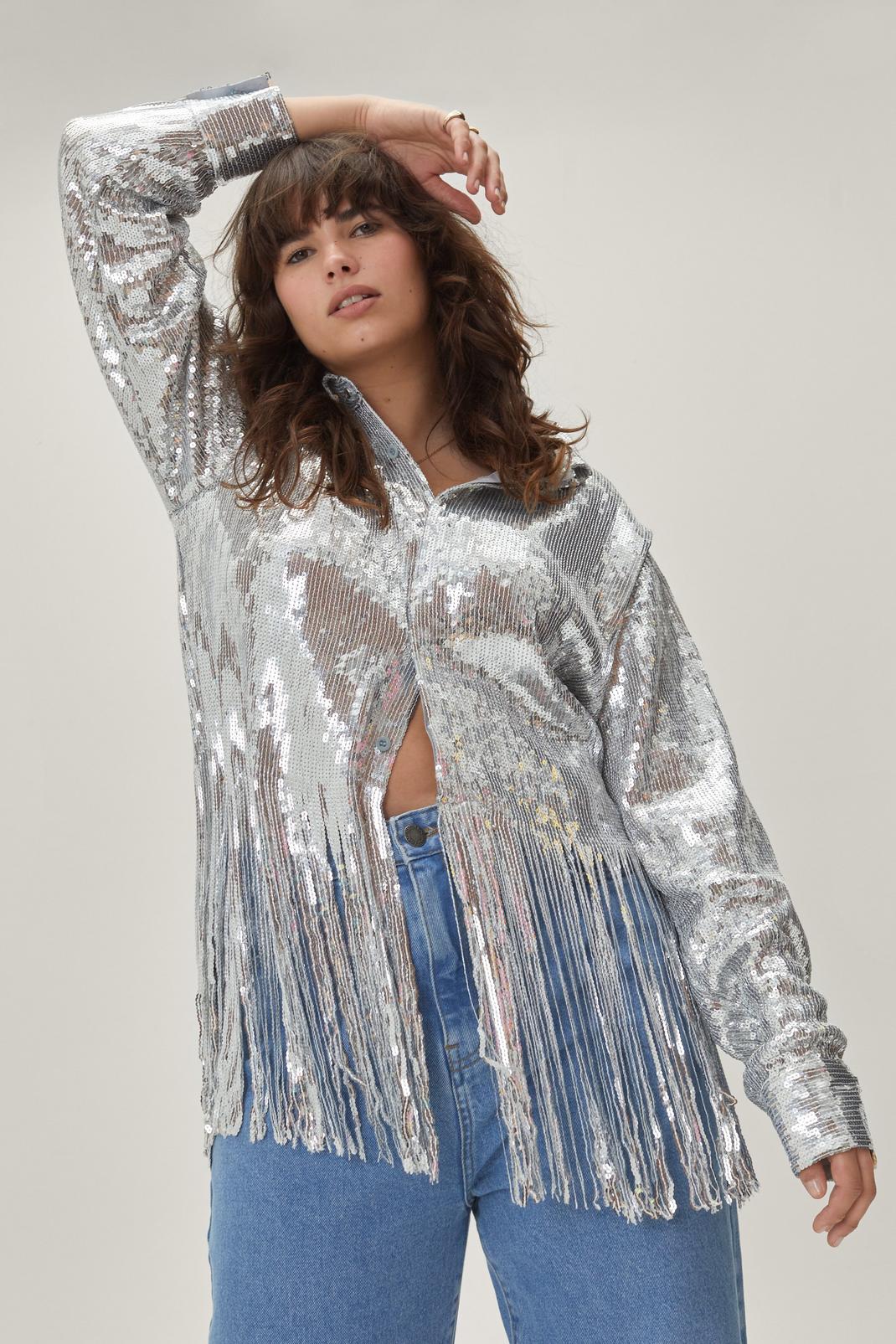 Silver Plus Size Sequin Fringe Shirt image number 1