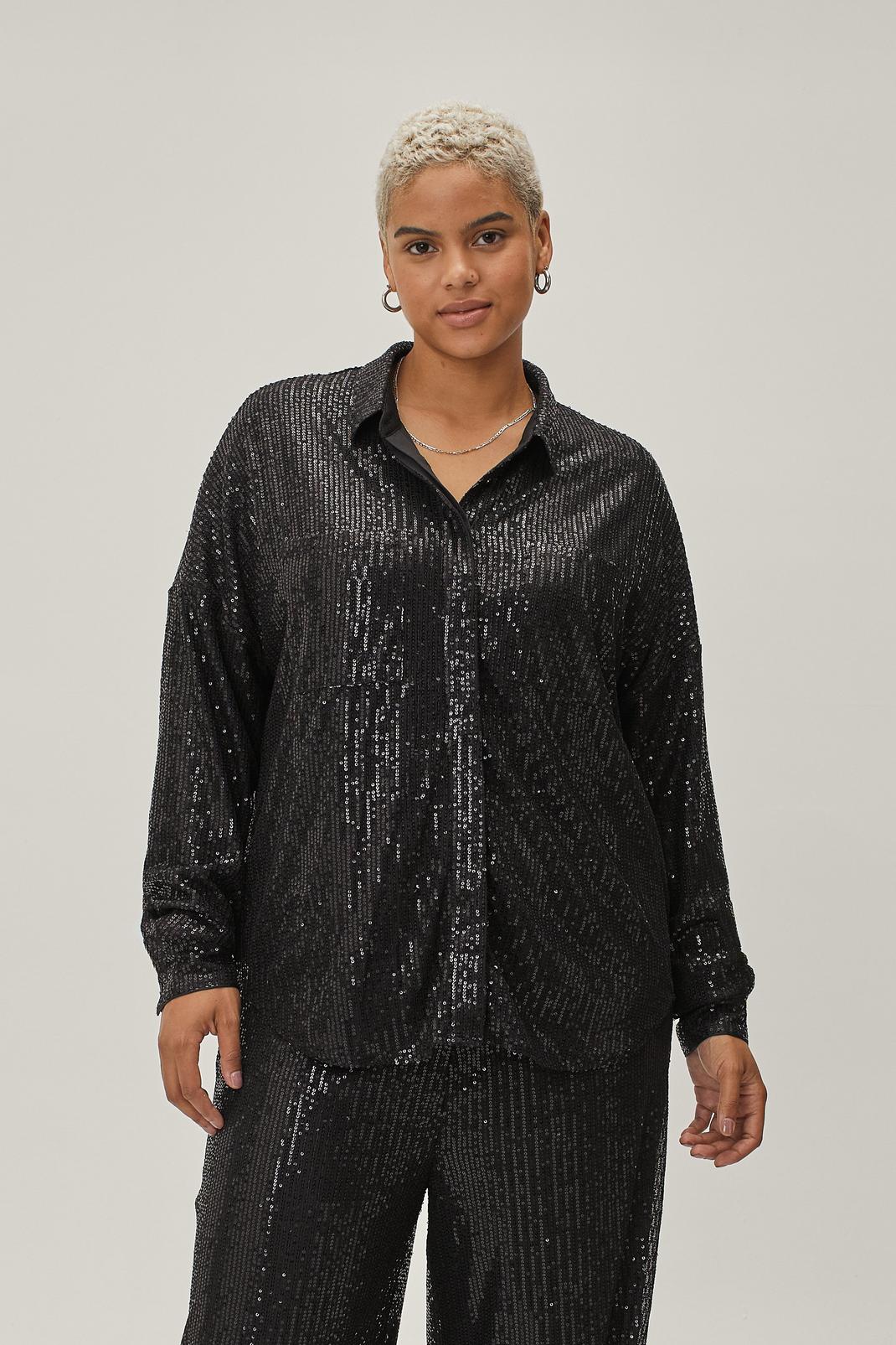 Black Plus Size Sequin Shirt Co-ord image number 1
