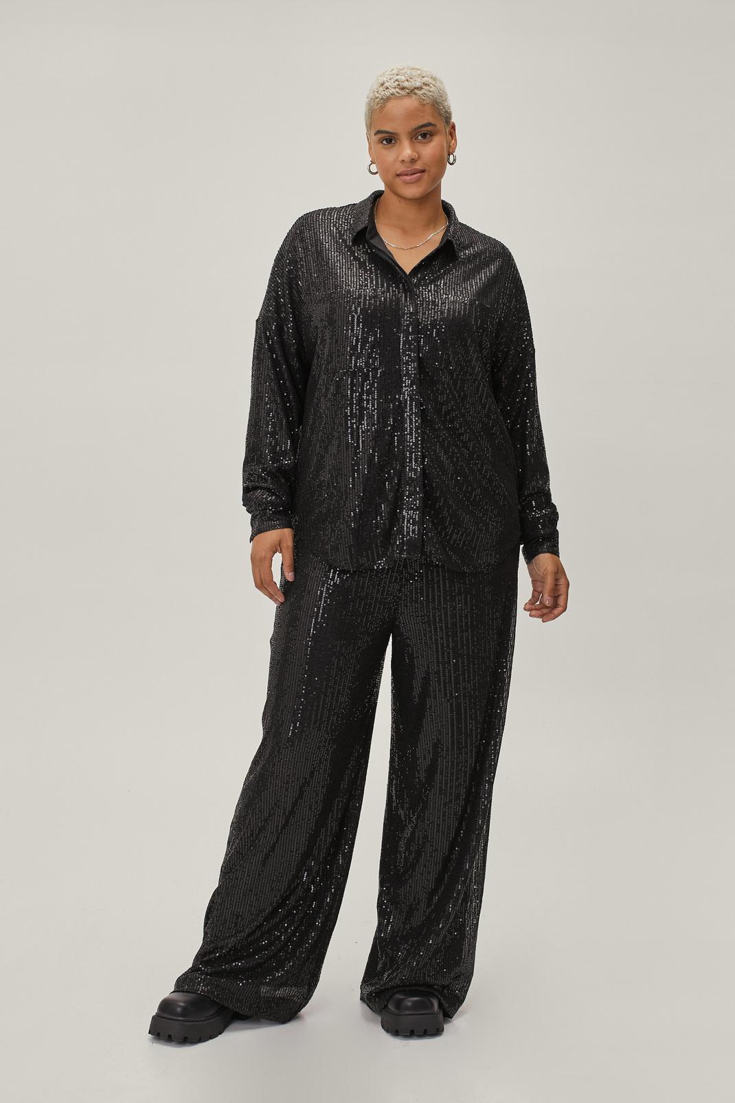 Black Plus Size Sequin Wide Leg Trousers Co-ord image number 1