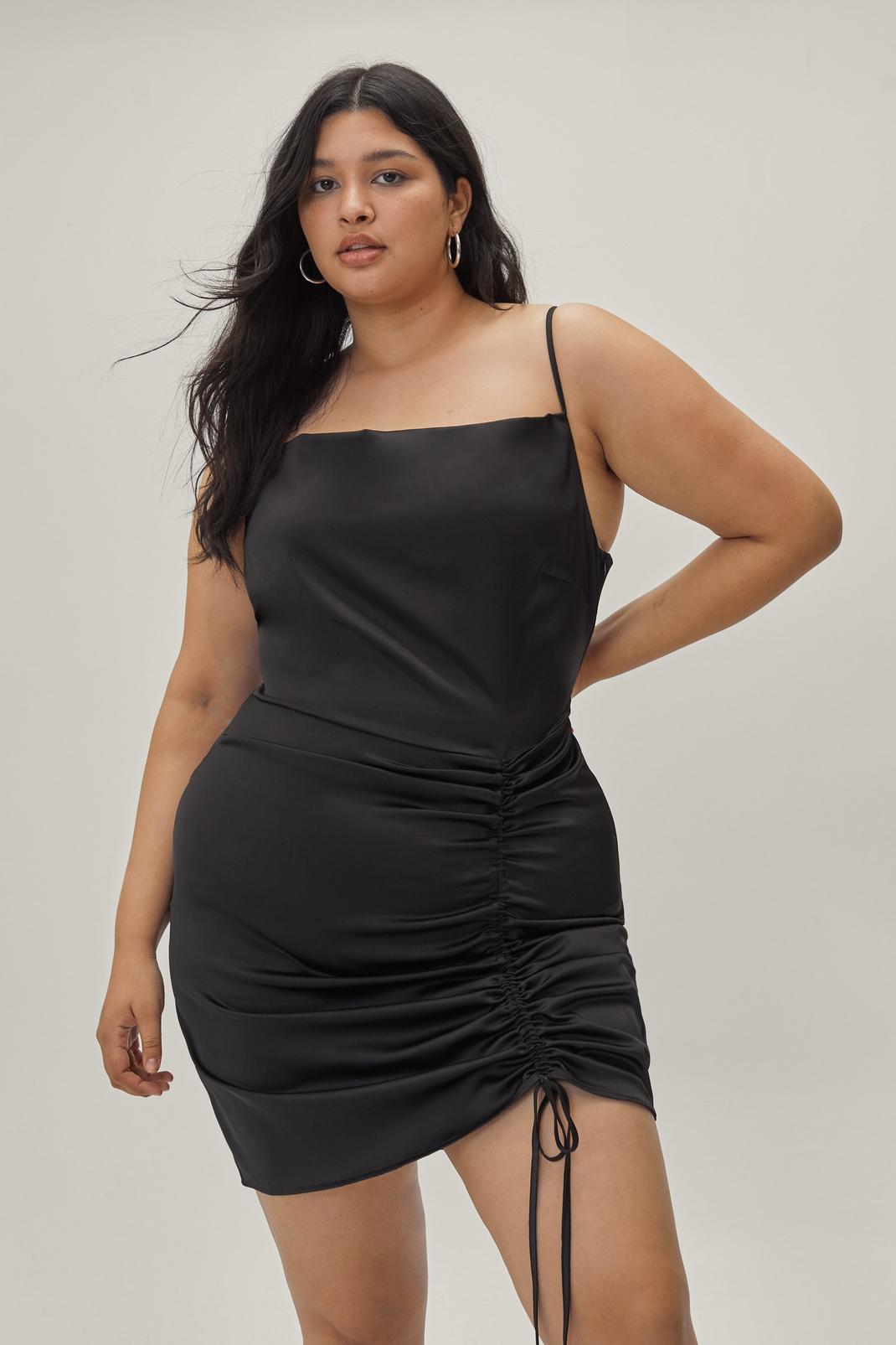 Black Plus Size Ruched Satin Mini Dress image number 1